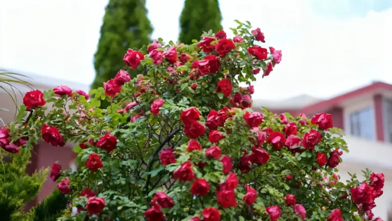 Arbusto con fiori rossi in un giardino vicino a una casa