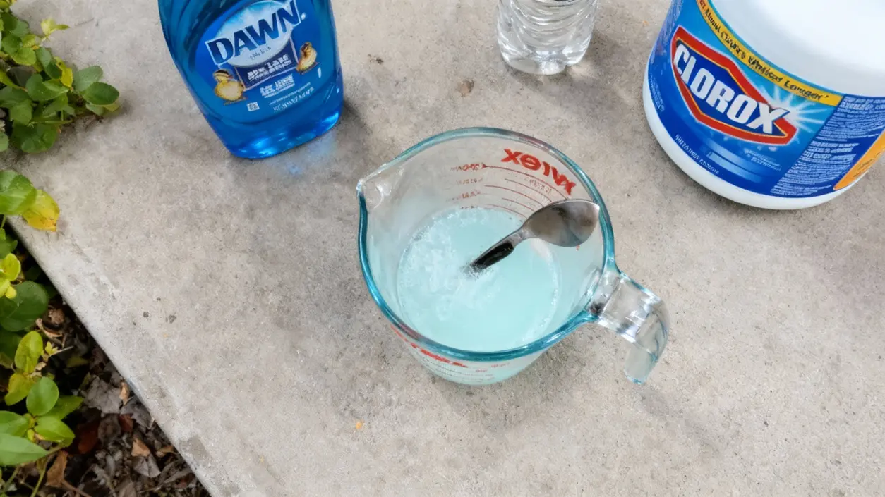 Contenitore con liquido azzurrino e prodotti per la pulizia su una superficie esterna