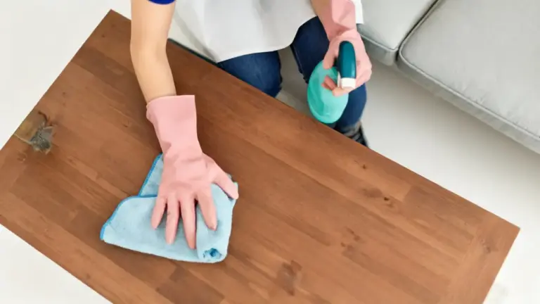Persona con guanti rosa pulisce un tavolo in legno con panno e spray