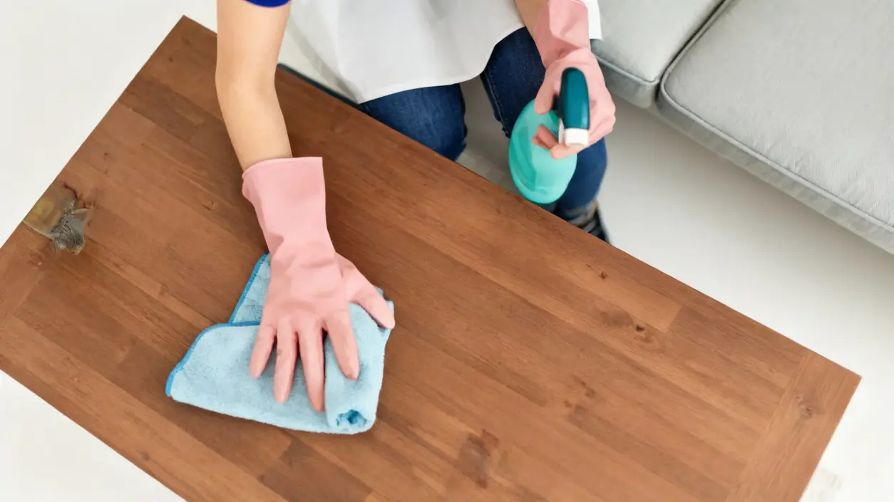 Persona con guanti rosa pulisce un tavolo in legno con panno e spray