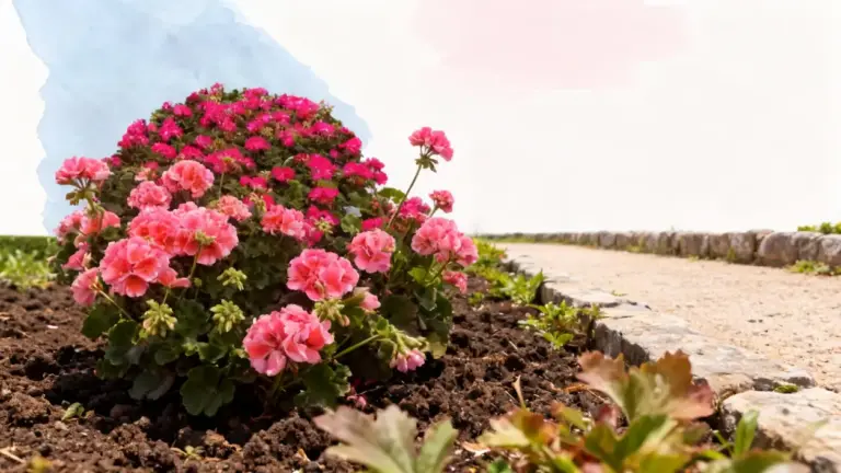 Pianta di geranio fiorita con fiori rosa accanto a un sentiero in giardino