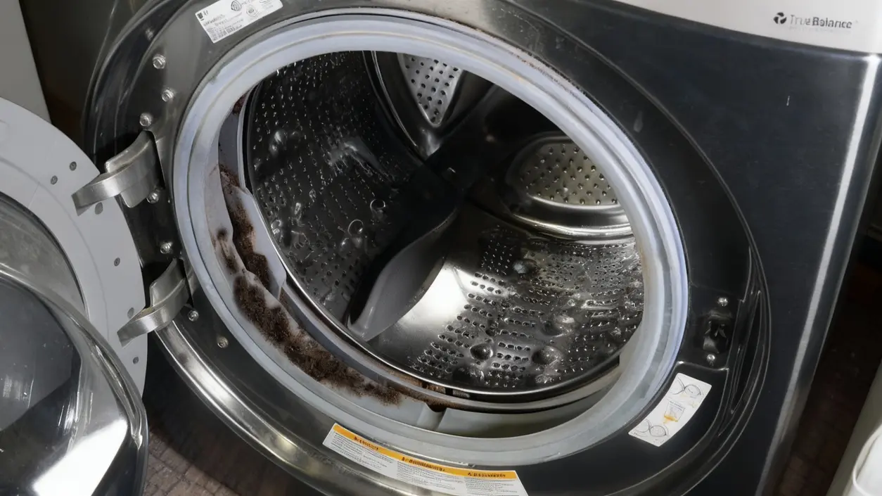 Guarnizione di una lavatrice con evidenti tracce di muffa all'interno del cestello aperto