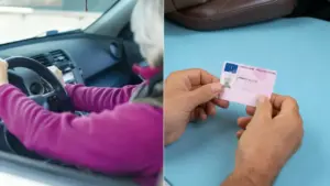 Persona anziana alla guida e patente europea in primo piano