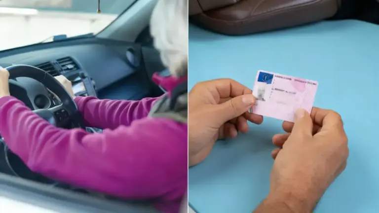 Persona anziana alla guida e patente europea in primo piano