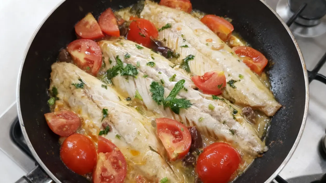 Filetti di pesce cotti in padella con pomodorini e prezzemolo
