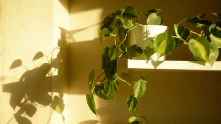 Pianta verde in vaso bianco su una mensola, illuminata dalla luce del sole