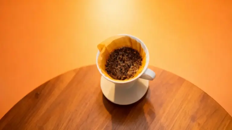 Fondi di caffè in un filtro appoggiato su una tazza bianca su tavolo di legno