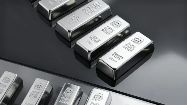 Lingotti di argento puro disposti su una superficie riflettente