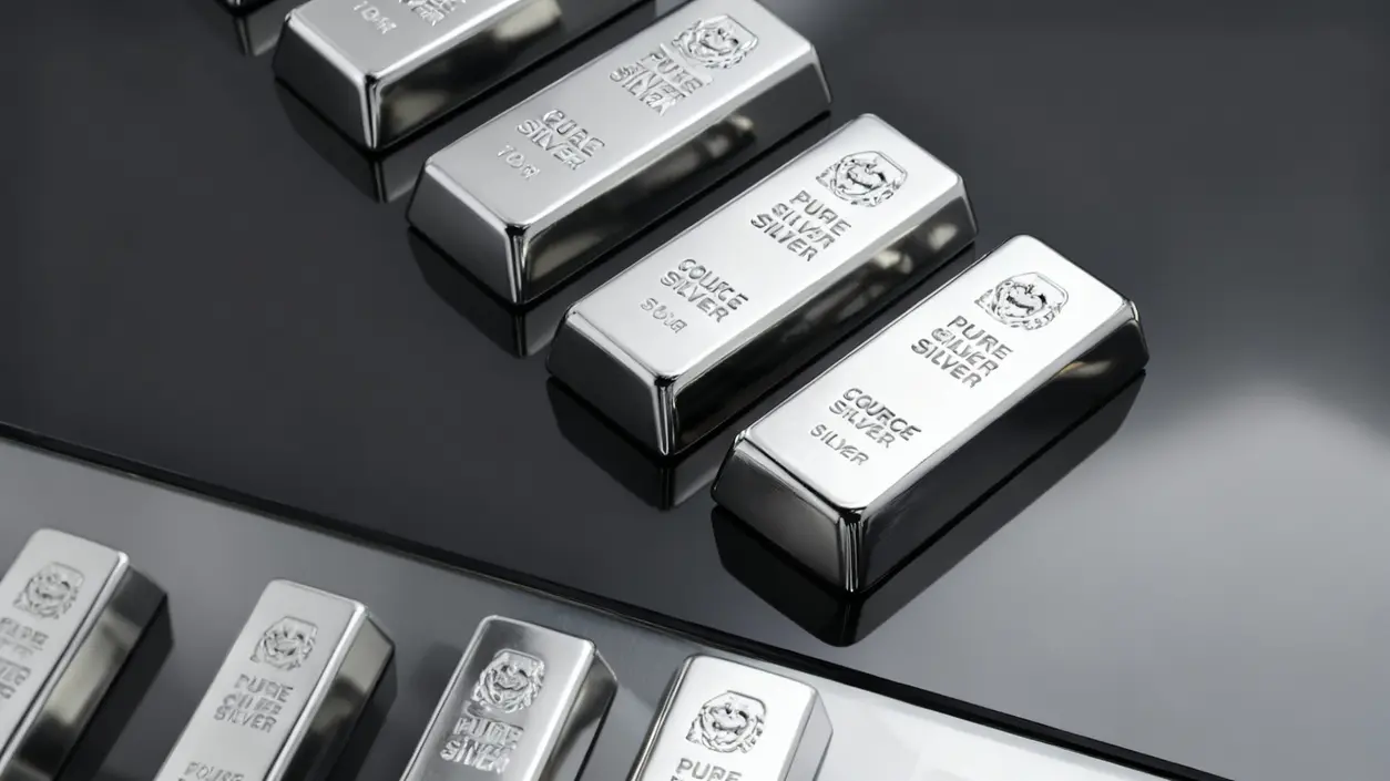 Lingotti di argento puro disposti su una superficie riflettente
