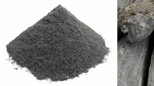 Polvere di carbone attivo accanto a pezzi di carbone su sfondo chiaro