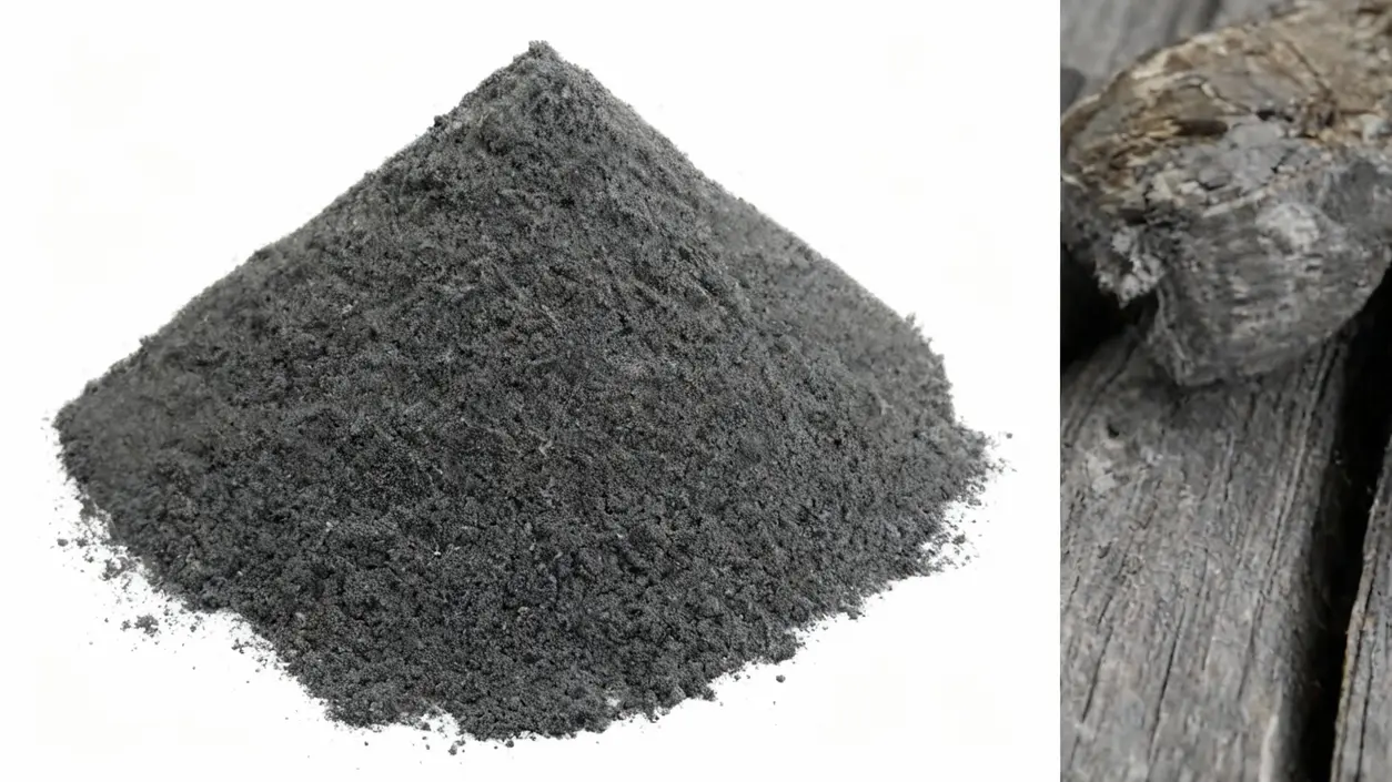 Polvere di carbone attivo accanto a pezzi di carbone su sfondo chiaro