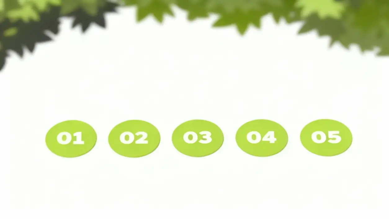 Cinque cerchi verdi numerati su sfondo chiaro con foglie nella parte superiore