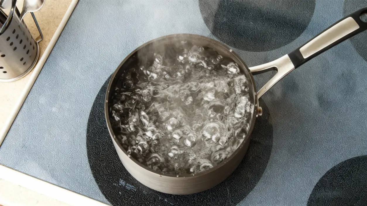 Pentola con acqua in ebollizione su un fornello