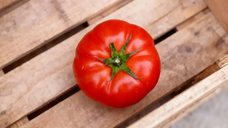 Pomodoro maturo appoggiato su una cassetta di legno