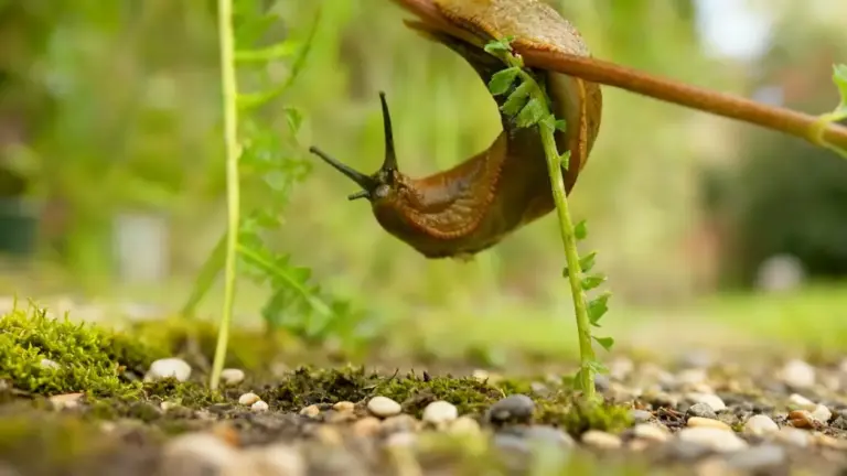 Lumaca su una pianta in un giardino, vicino al terreno con muschio e piccoli sassi