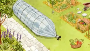 Illustrazione di un orto con serre, cavoli e un cesto di ortaggi di stagione