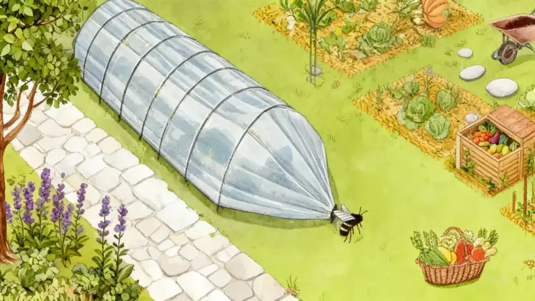 Illustrazione di un orto con serre, cavoli e un cesto di ortaggi di stagione