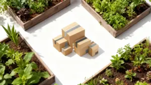 Scatole di cartone circondate da orti in cassette di legno con ortaggi e piante verdi