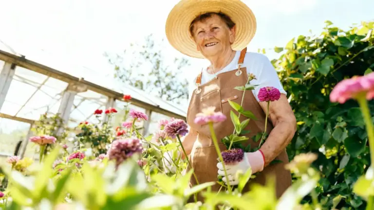 Persona anziana con cappello di paglia che cura fiori in un giardino soleggiato