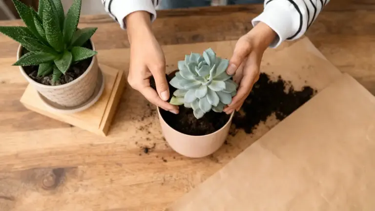 Mani che rinvasano una pianta grassa su un tavolo di legno