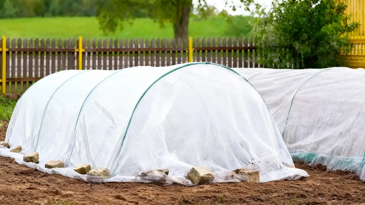 Tunnel da giardino coperto con telo protettivo per proteggere le piante dal gelo