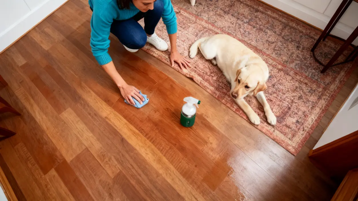 Persona pulisce il pavimento accanto a un cane in casa su un tappeto
