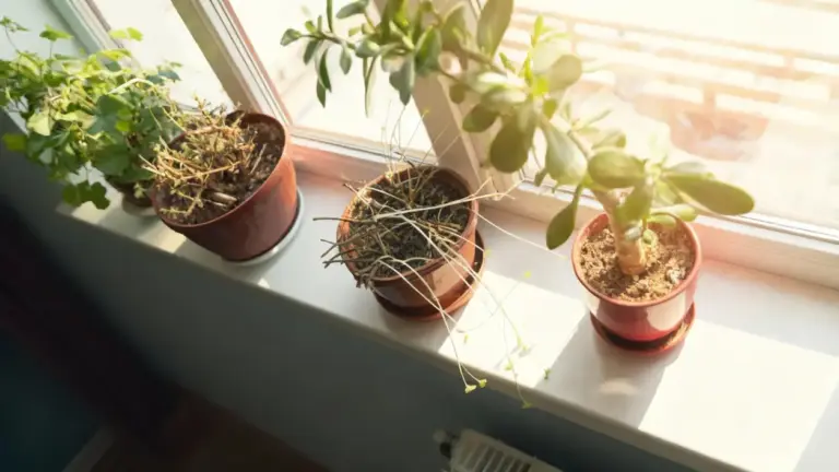 Vasi con piante secche e verdi su un davanzale illuminato dal sole