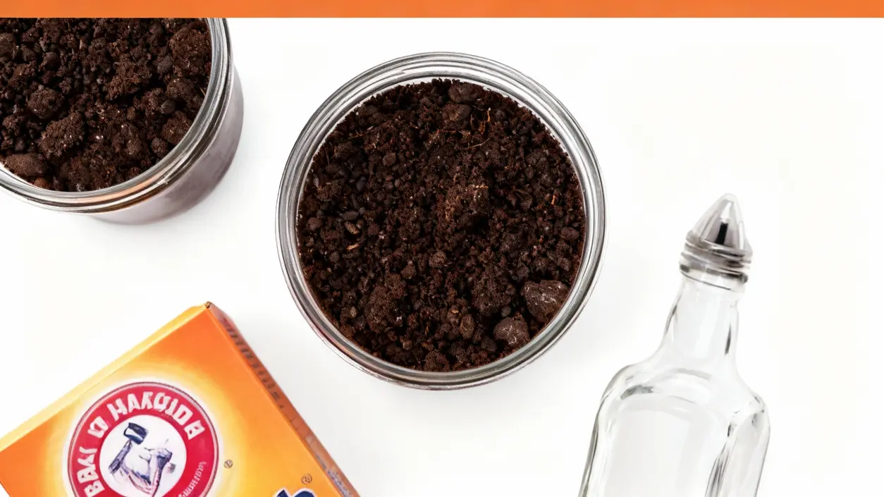 Barattoli con terriccio, una bottiglia di aceto e una confezione di bicarbonato su sfondo bianco